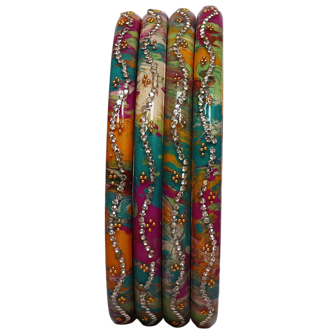 Traditional Jaipuri Pure Lac Bangles for Women with Elegant Rhinestone Wave Design Glossy Ethnic Jewelry Set of 4