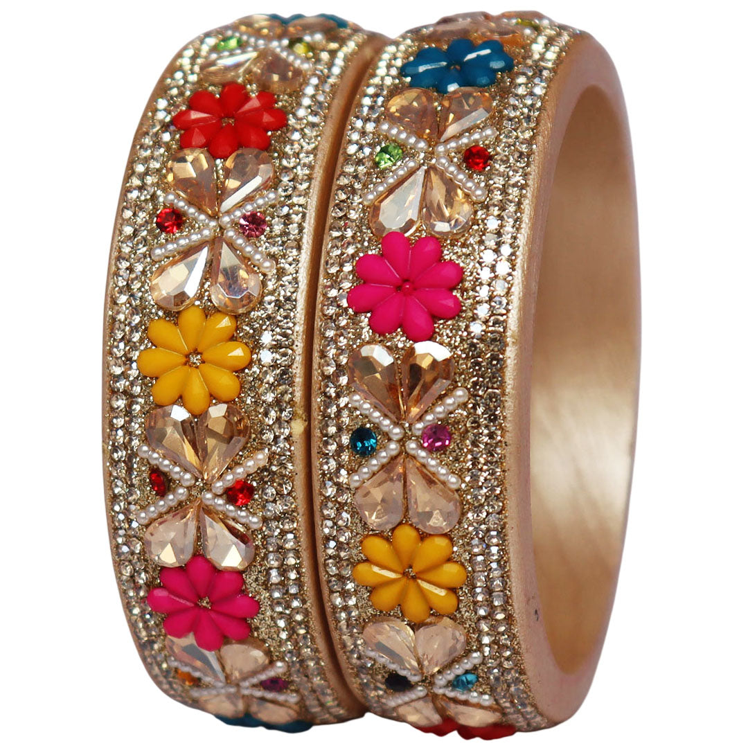 Designer Kundan Lac Bangles with Floral Rhinestones & Pearl Work by TAJ BRIDAL STORE