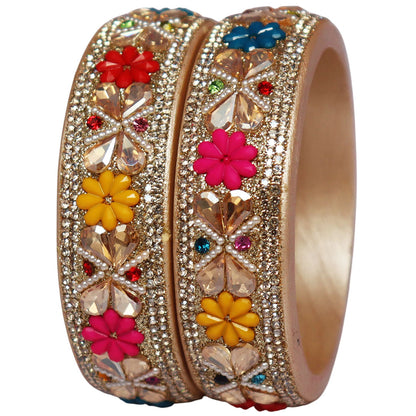 Designer Kundan Lac Bangles with Floral Rhinestones & Pearl Work by TAJ BRIDAL STORE