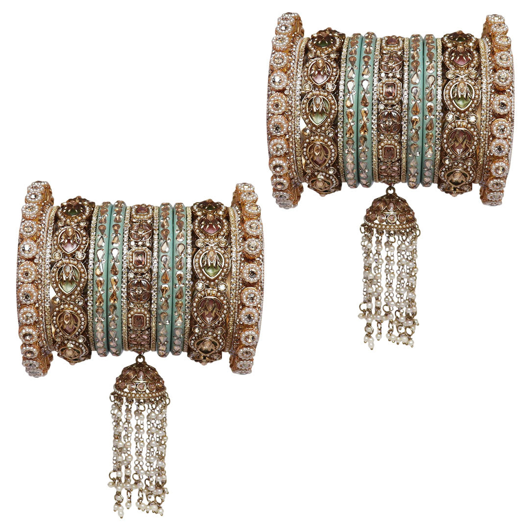 Sky Blue Rajwadi Bridal Bangles Set for Bride with Handmade Lac Bangles, Antique Gold Finish, Kundan Stone Work and Pearl Jhoomer Accessories