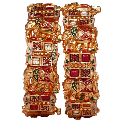 Gold Plated Stylish Metal Bracelet with Elephant & Kundan Design