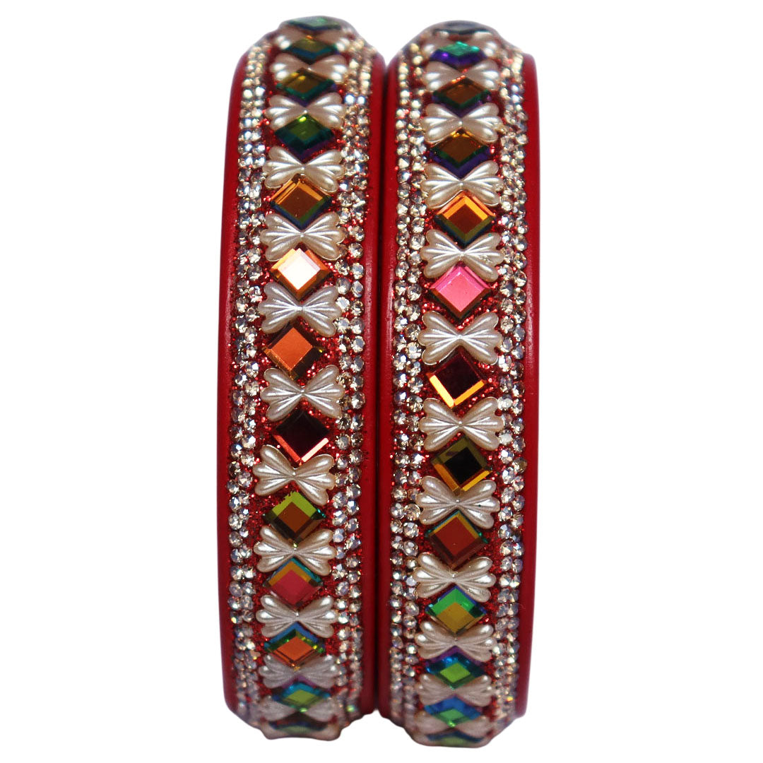 Handmade Jaipuri Lac Kada Bangles Set of 2 with Rainbow Artificial Stones