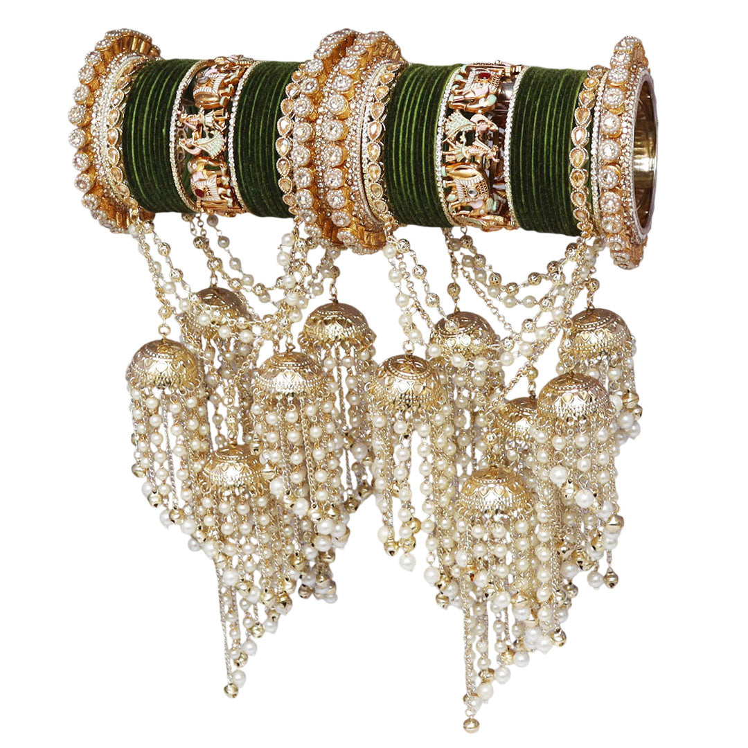 Traditional Indian bridal bangles with Dulha-Dulhan motifs, pearl chains and Jhumka latkan