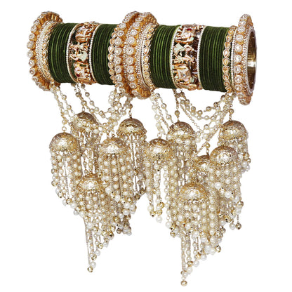 Traditional Indian bridal bangles with Dulha-Dulhan motifs, pearl chains and Jhumka latkan