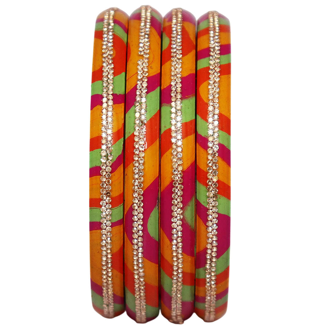 Lac Bangles Set Lahariya Design with Rhinestones Work