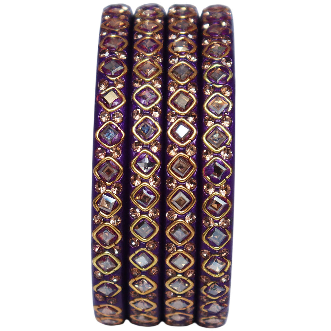 Handmade lac bangles for women featuring square Kundan stones and rhinestone embellishments, traditional Rajasthani festive and wedding bangles set of 4