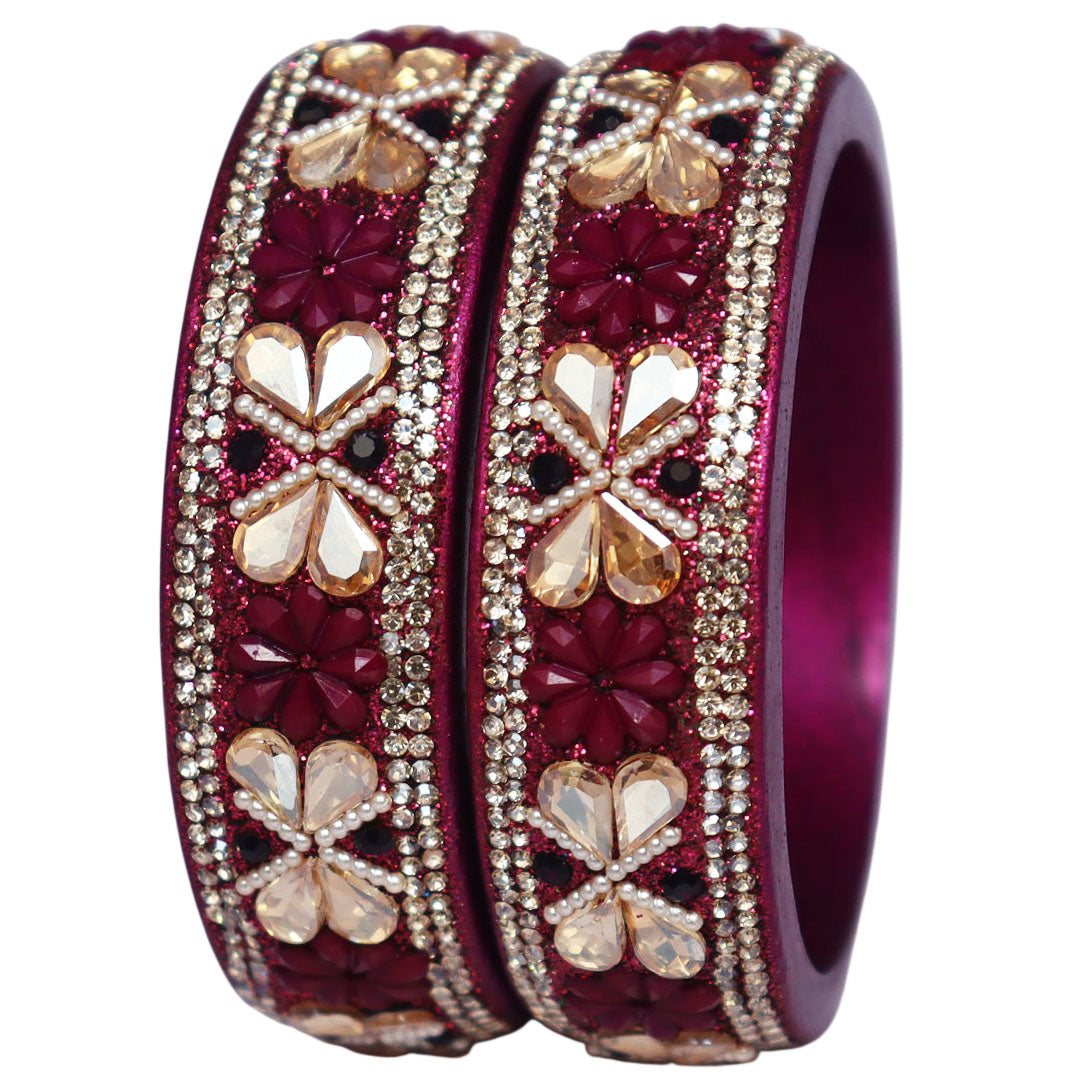 Designer Kundan Lac Bangles with Floral Rhinestones & Pearl Work by TAJ BRIDAL STORE