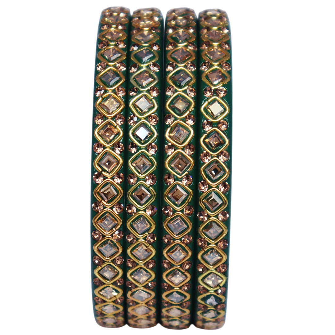 Handmade lac bangles for women featuring square Kundan stones and rhinestone embellishments, traditional Rajasthani festive and wedding bangles set of 4