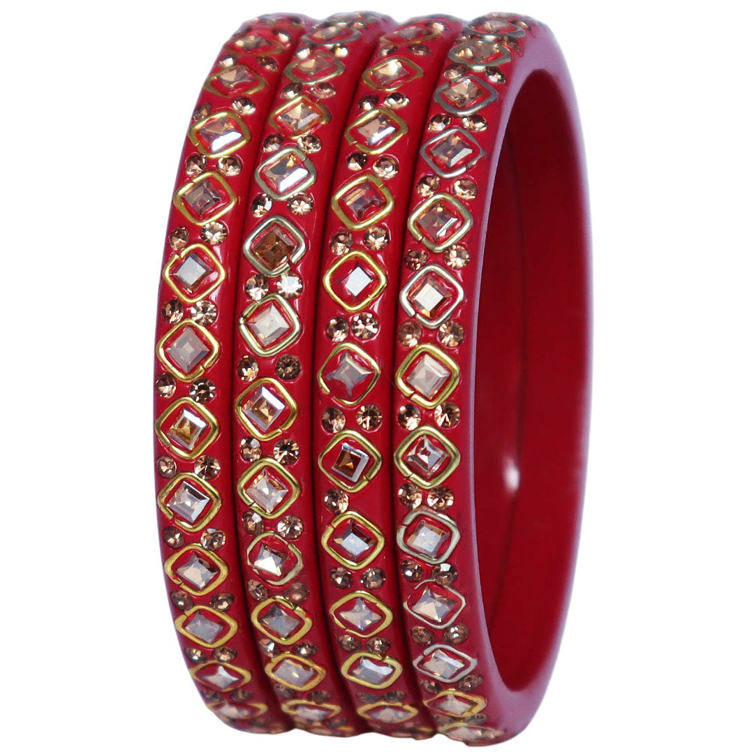 Premium lac bangles for women with square Kundan and rhinestone design, handmade traditional Rajasthani wedding and festive bangles set of 4 by TAJ BRIDAL STORE
