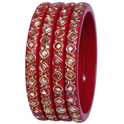 Premium lac bangles for women with square Kundan and rhinestone design, handmade traditional Rajasthani wedding and festive bangles set of 4 by TAJ BRIDAL STORE