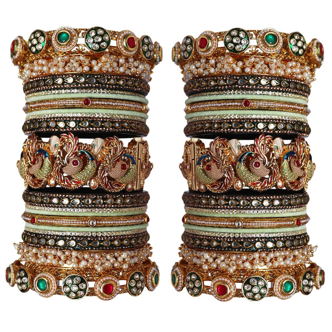 Premium Rajwadi Bridal Bangles Set with Peacock Motifs Metal Kada in Sea Green and Gold, handcrafted Lac and Metal wedding bangles for brides by TAJ BRIDAL STORE.