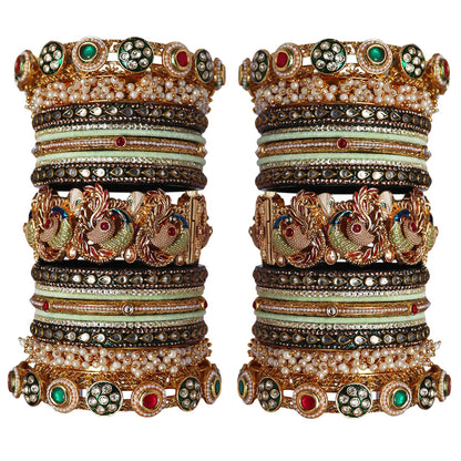 Premium Rajwadi Bridal Bangles Set with Peacock Motifs Metal Kada in Sea Green and Gold, handcrafted Lac and Metal wedding bangles for brides by TAJ BRIDAL STORE.