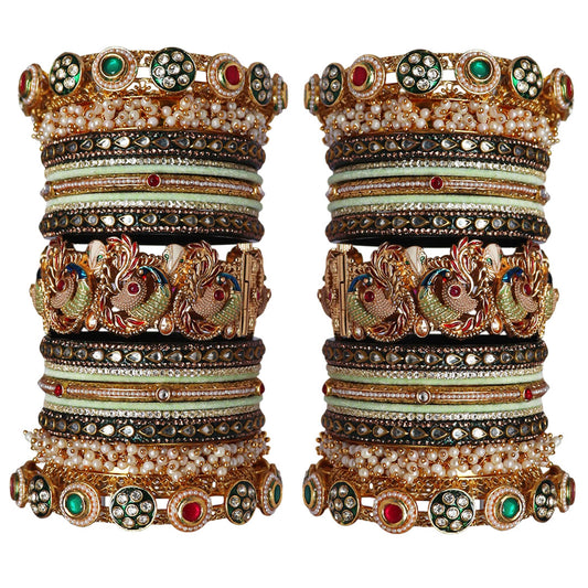 Premium Rajwadi Bridal Bangles Set with Peacock Motifs Metal Kada in Sea Green and Gold, handcrafted Lac and Metal wedding bangles for brides by TAJ BRIDAL STORE.