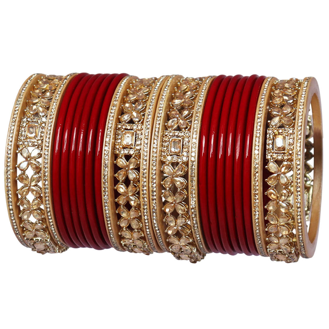 Karwa Chauth red lac bangles with AD stones and Kundan design