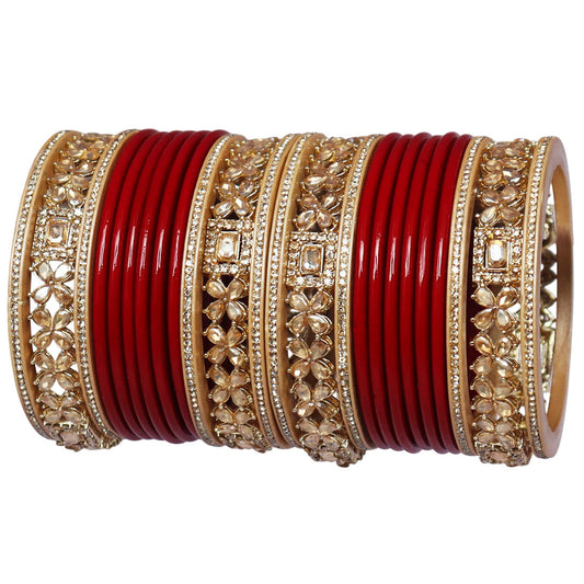 Karwa Chauth red lac bangles with AD stones and Kundan design