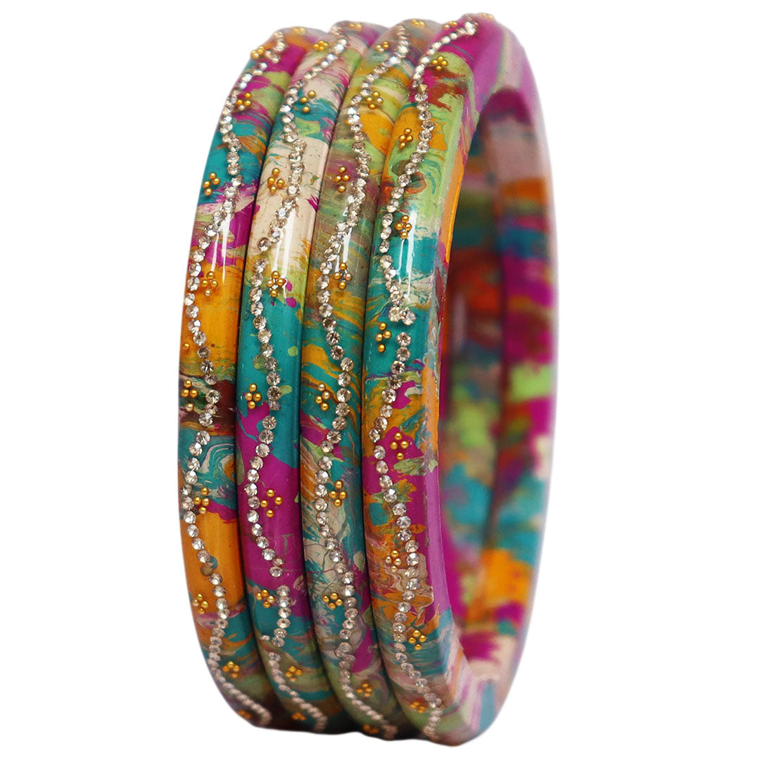 Traditional Jaipuri Pure Lac Bangles for Women with Elegant Rhinestone Wave Design Glossy Ethnic Jewelry Set of 4