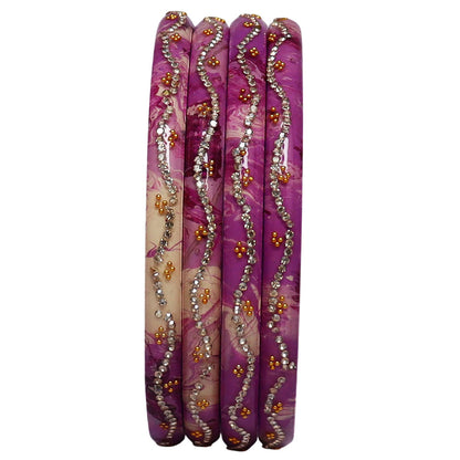 Handmade Rajasthani Pure Lac Bangles for Women Featuring Rhinestone Wave Pattern and Premium Glossy Finish Set of 4