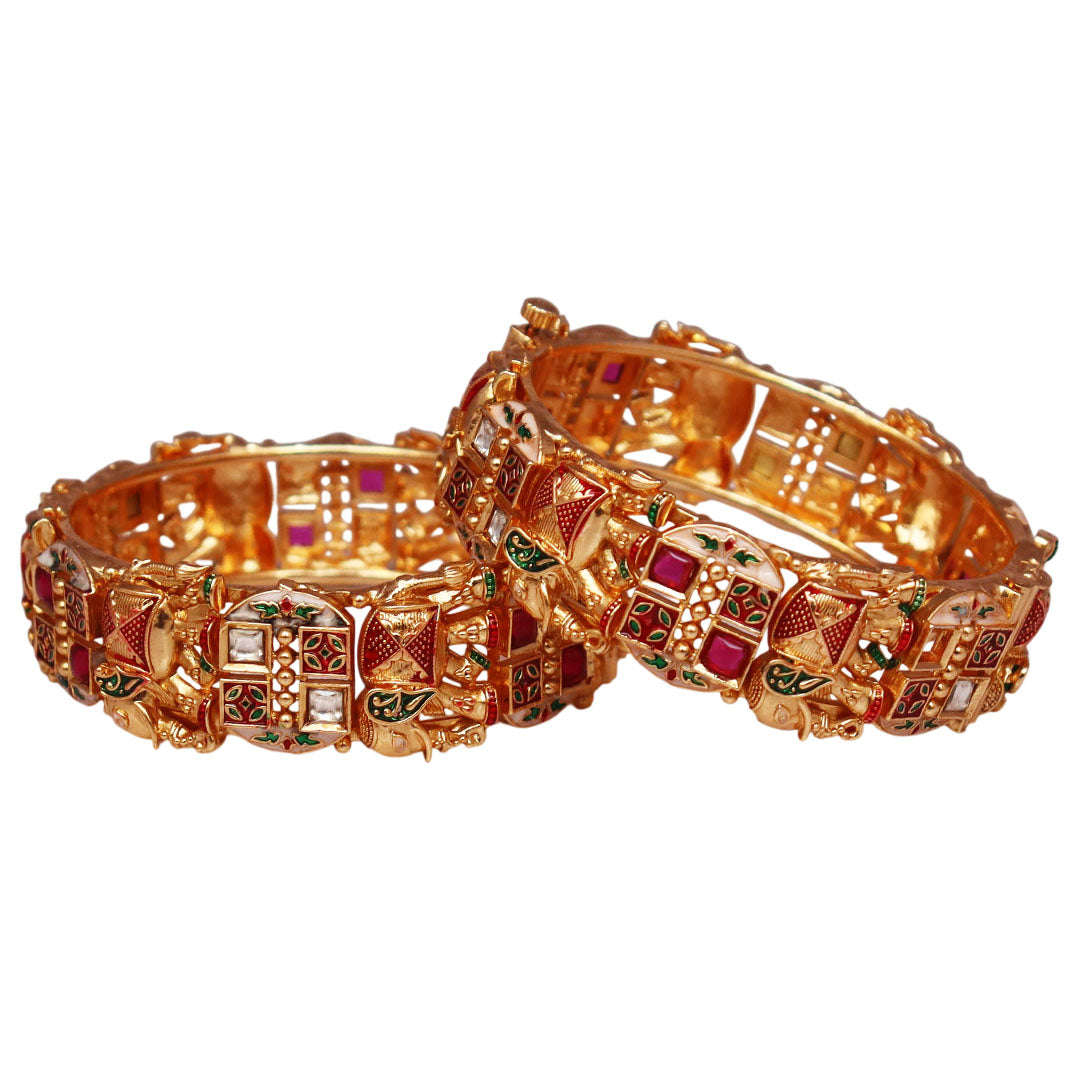 Gold Plated Stylish Metal Bracelet with Elephant & Kundan Design