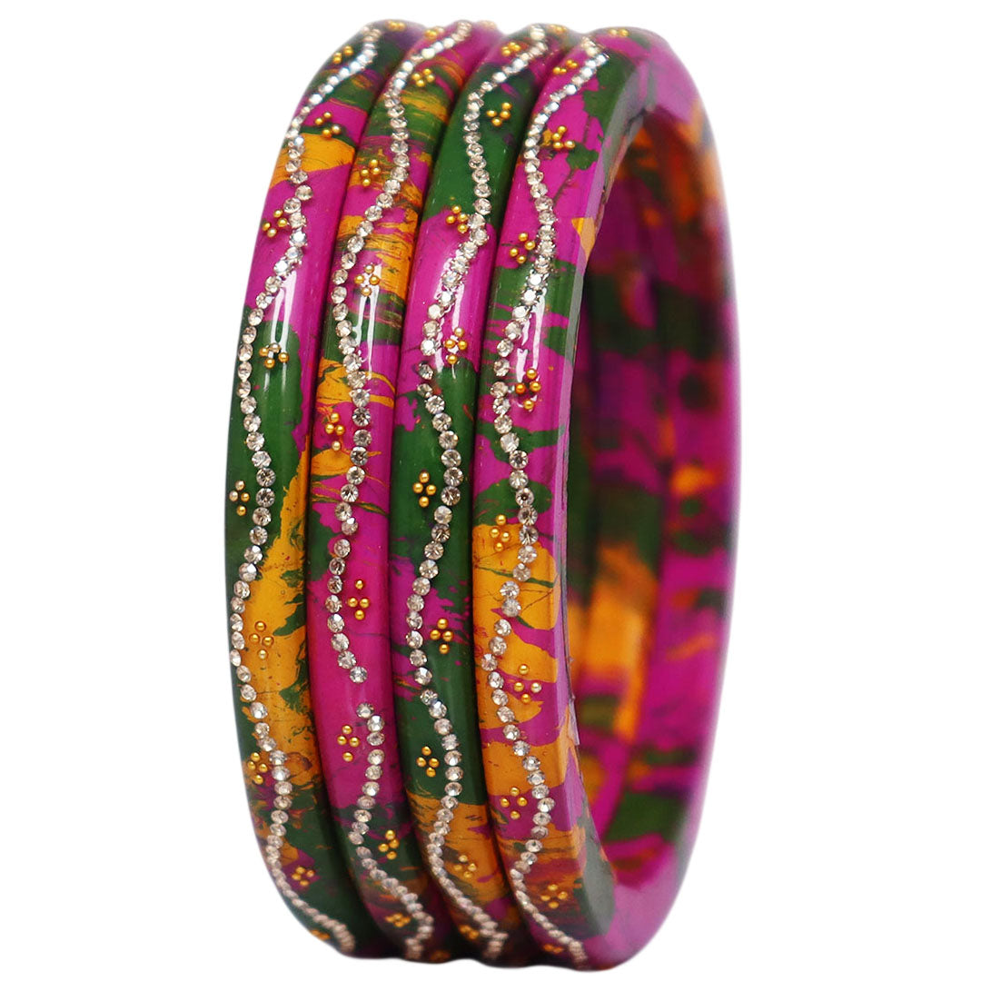 Handmade Rajasthani Pure Lac Bangles for Women Featuring Rhinestone Wave Pattern and Premium Glossy Finish Set of 4