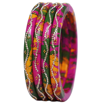 Handmade Rajasthani Pure Lac Bangles for Women Featuring Rhinestone Wave Pattern and Premium Glossy Finish Set of 4