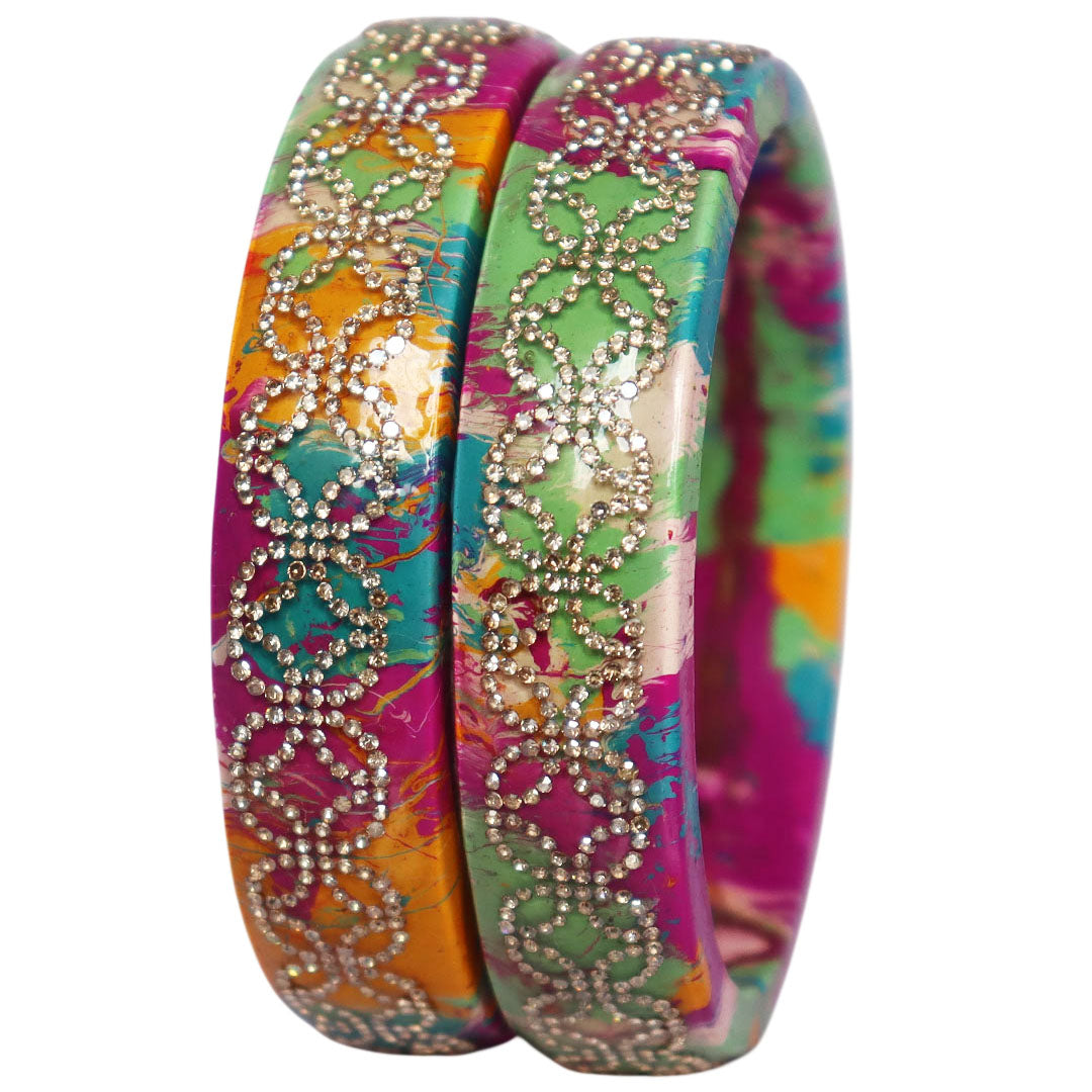 Premium Lac Bangles for Women | Multicolor Marble Finish Rhinestone Traditional Rajasthani Bangles By TAJ BRIDAL STORE