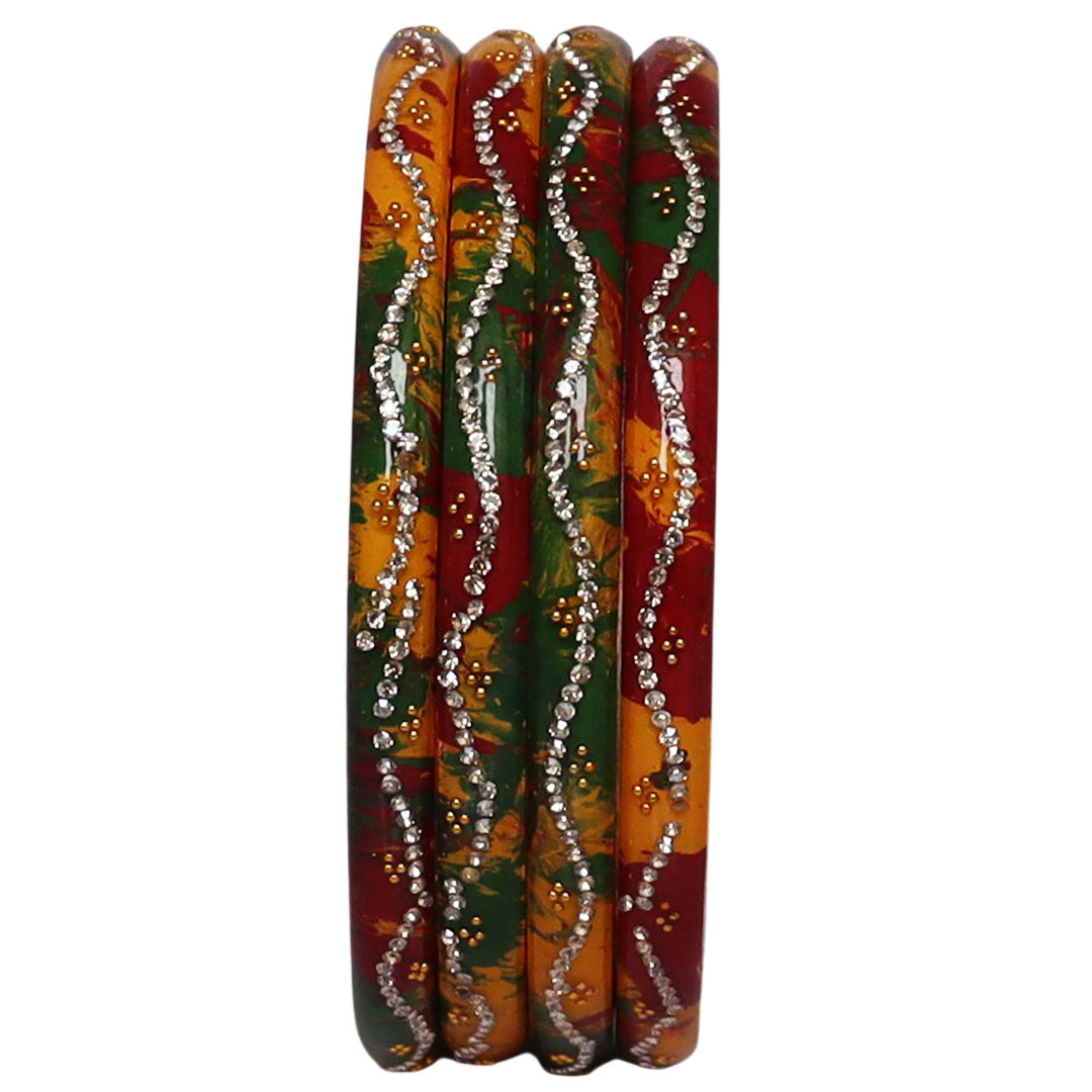 Ethnic Handmade Pure Lac Bangles for Women with Rhinestone Wave Pattern Glossy Jaipur Rajasthani Bangles Set of 4