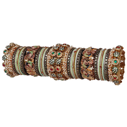 Luxury Rajwadi Bridal Bangles Set for Women with Peacock Motifs Metal Kada, Sea Green handcrafted Lac and Metal wedding bangles with Kundan stones and antique finish | TAJ BRIDAL STORE.