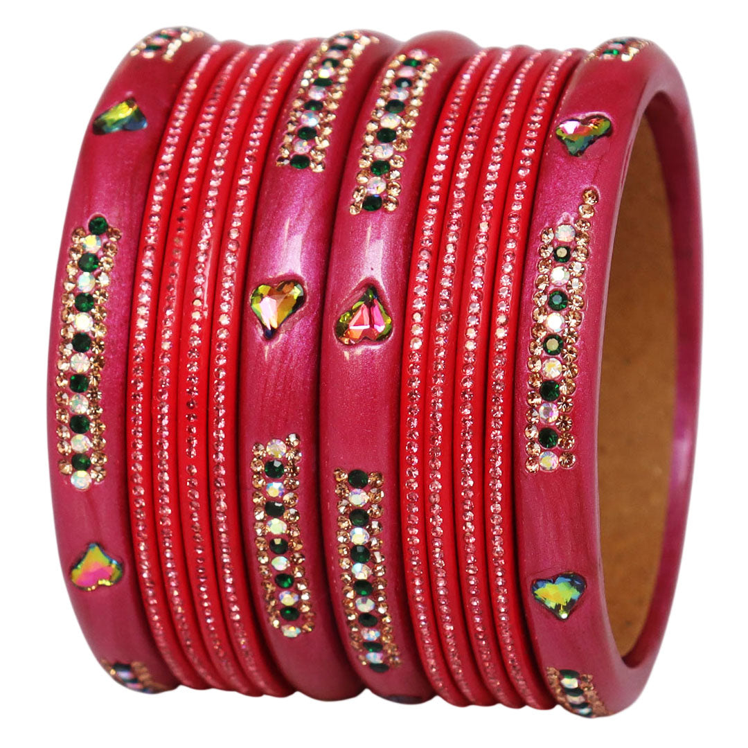Jaipuri Lac Short Bangles with Heart Shape Kundan & Rhinestones