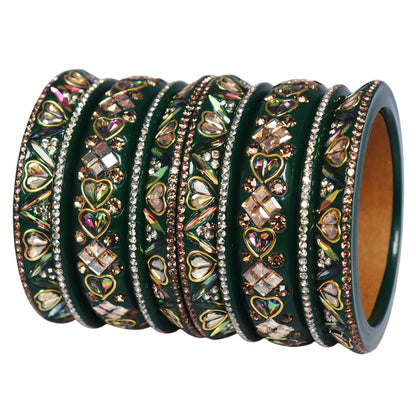 Traditional Rajasthani Green Lac Bangles Set for brides featuring handmade antique Kundan work and elegant rhinestone embellishments