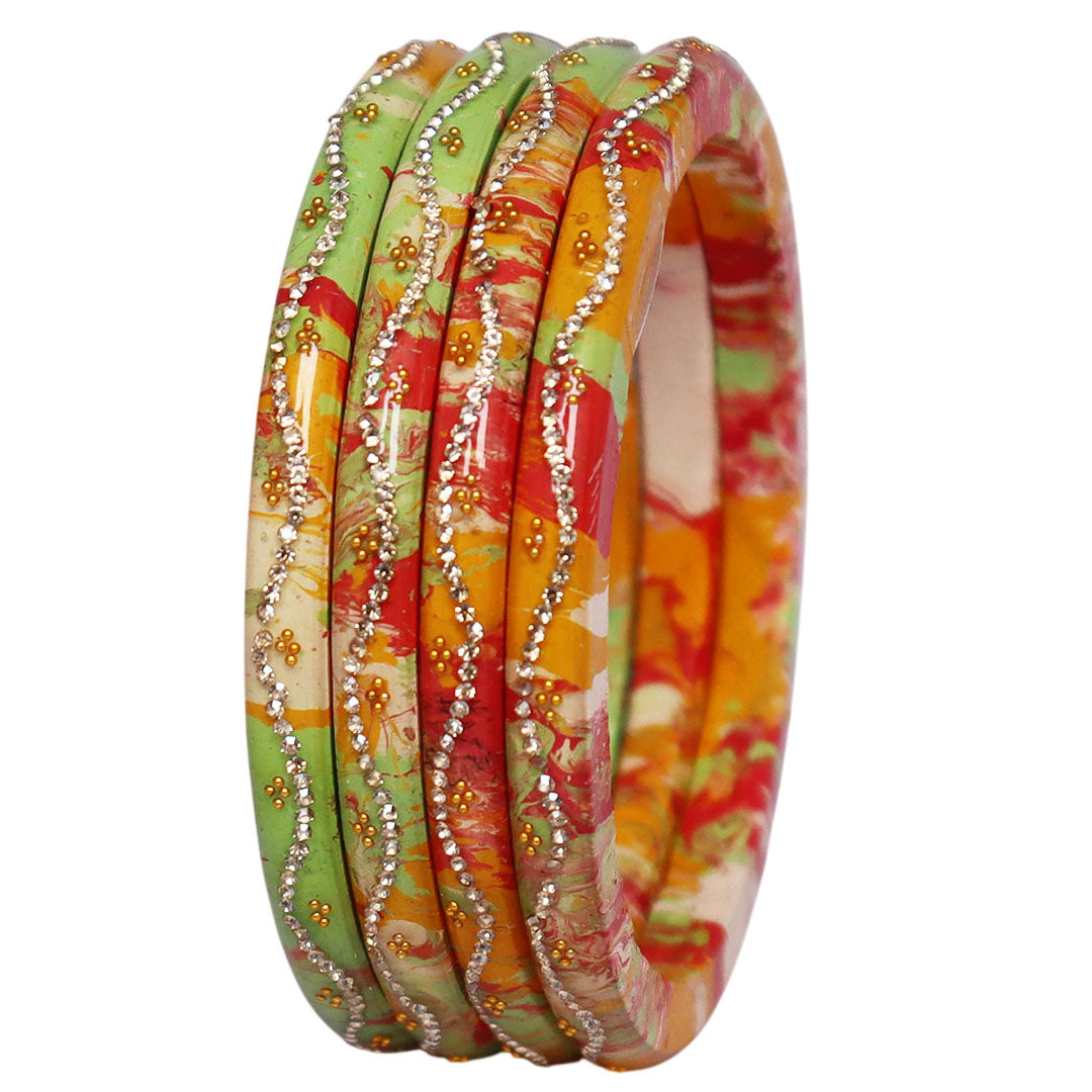 Designer Glossy Pure Lac Bangles for Women Handmade in Jaipur Rajasthan with Rhinestone Wave Pattern Set of 4