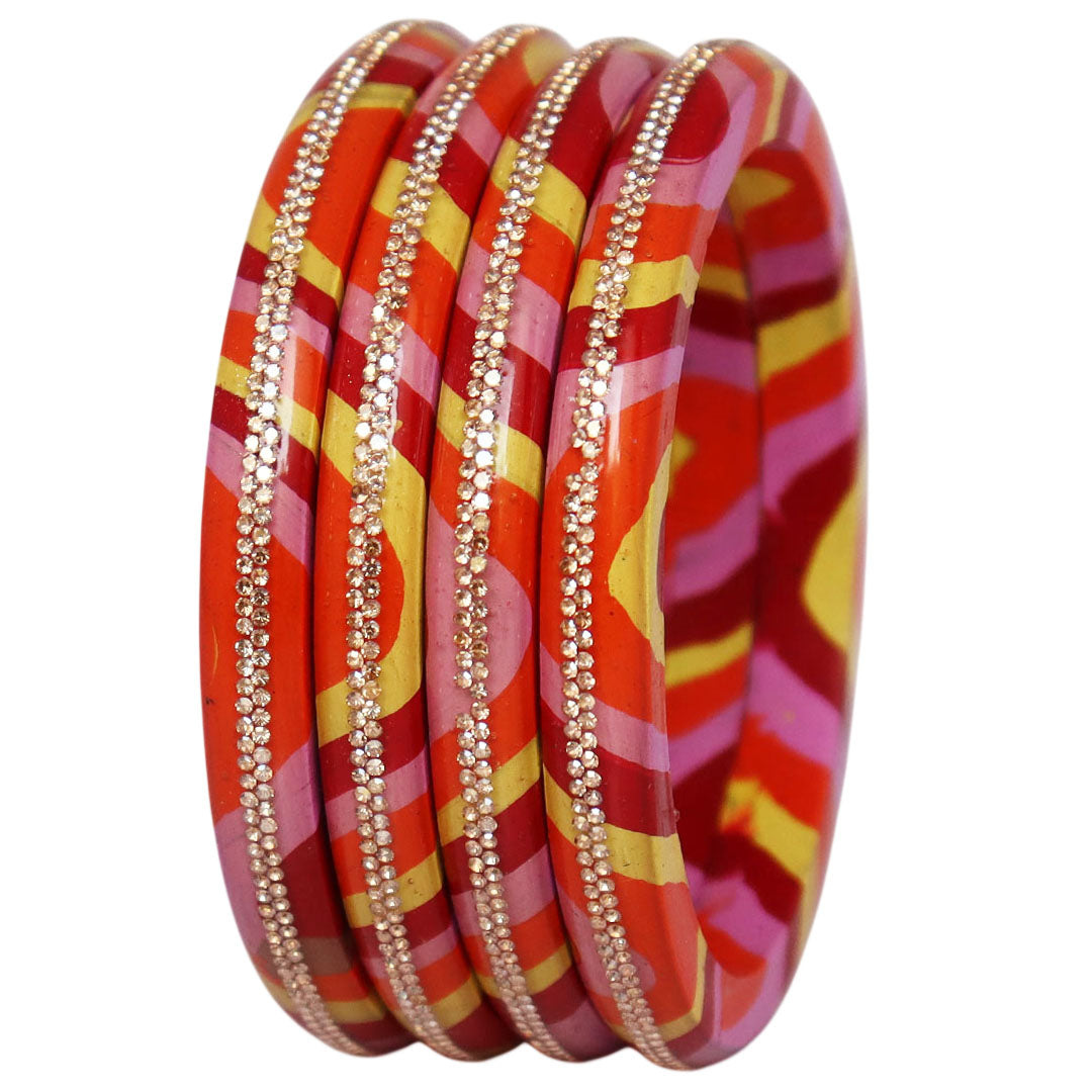 Lac Bangles Set Lahariya Design with Rhinestones Work