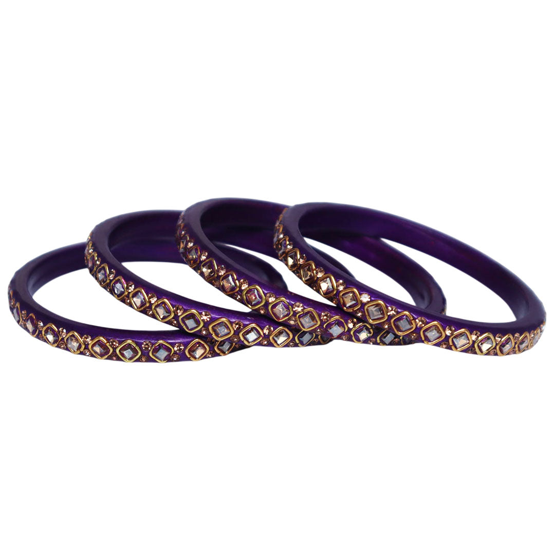 Handmade lac bangles for women featuring square Kundan stones and rhinestone embellishments, traditional Rajasthani festive and wedding bangles set of 4