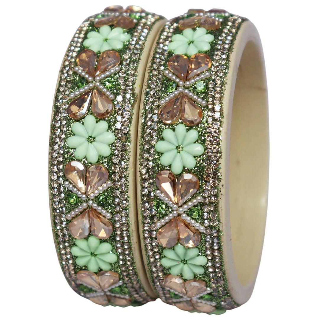 Designer Kundan Lac Bangles with Floral Rhinestones & Pearl Work by TAJ BRIDAL STORE