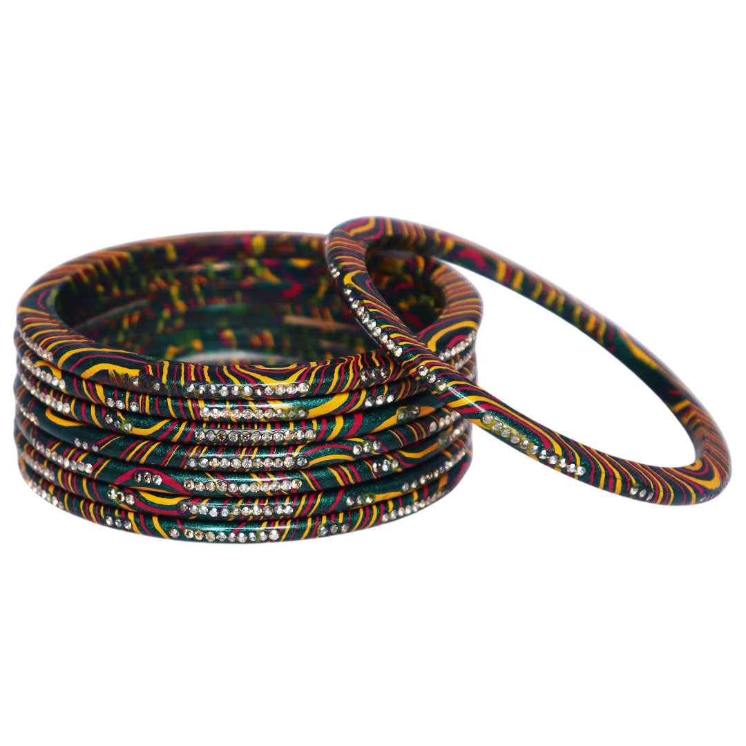 Premium Rajasthani Leheriya Pure Lac Bangles with Glossy Finish and Rhinestone Embellishments