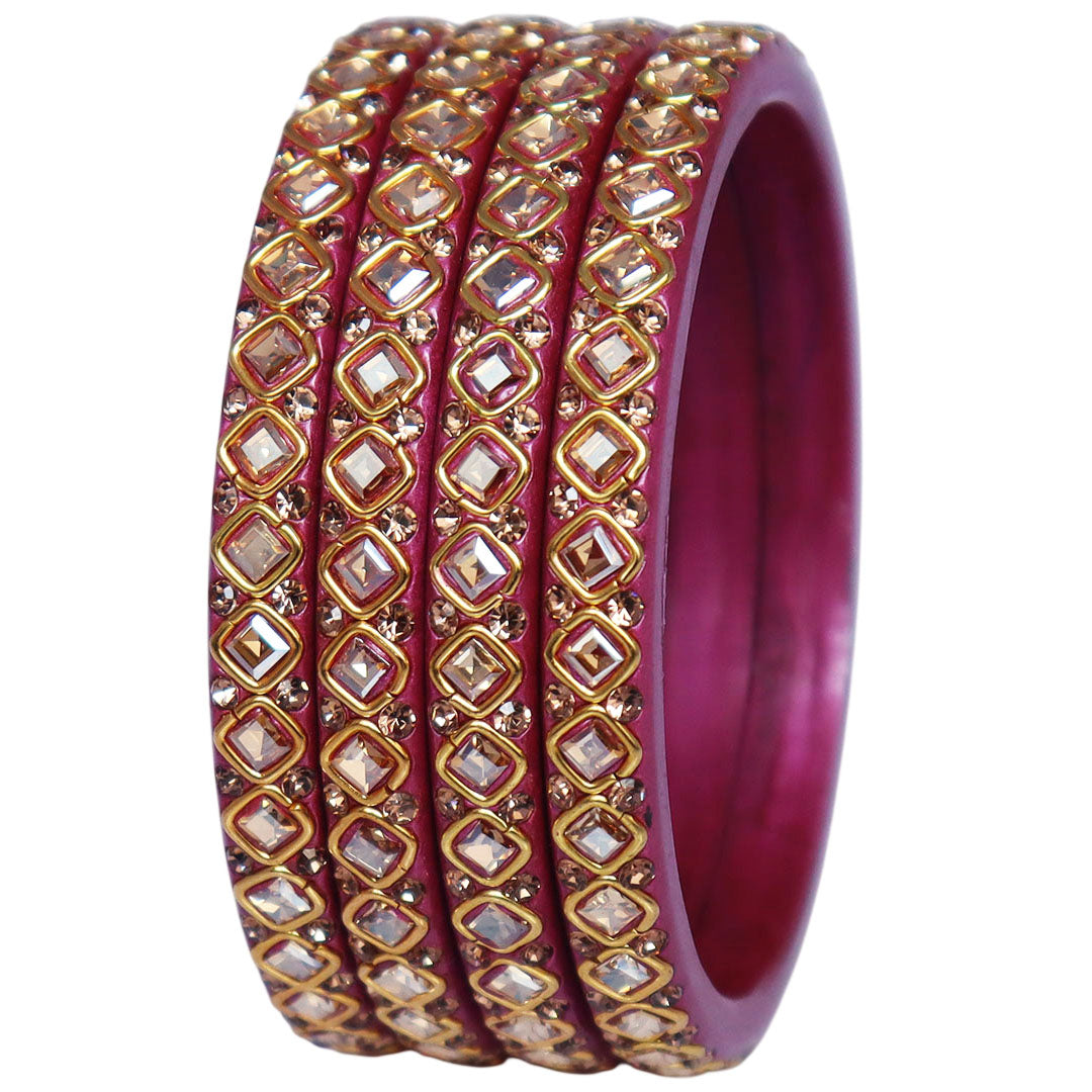 Premium Lac Bangles for Women with Square Kundan & Rhinestone Design | Handmade Traditional Rajasthani Wedding & Festive Bangles | Set of 4 | TAJ BRIDAL STORE