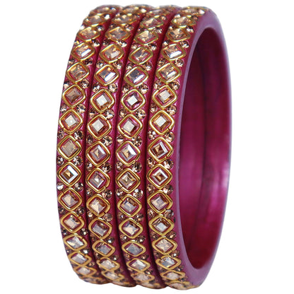 Premium Lac Bangles for Women with Square Kundan & Rhinestone Design | Handmade Traditional Rajasthani Wedding & Festive Bangles | Set of 4 | TAJ BRIDAL STORE