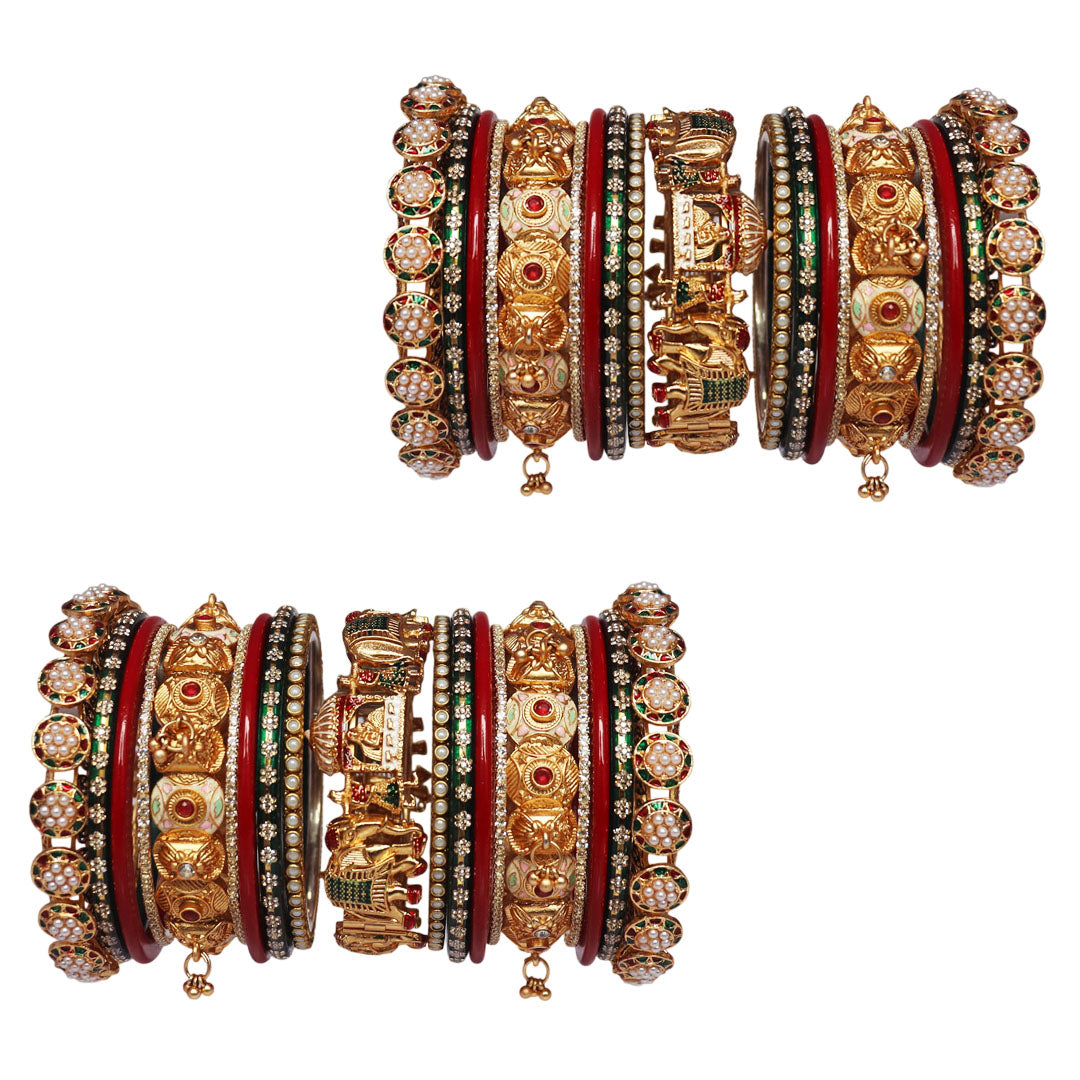 Traditional Rajasthani bridal bangles with gold tone elephant motif kadas