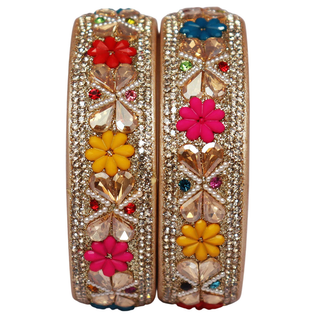 Designer Kundan Lac Bangles with Floral Rhinestones & Pearl Work by TAJ BRIDAL STORE