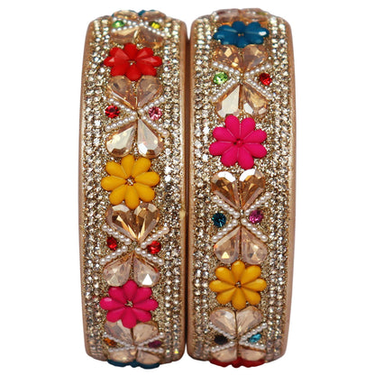 Designer Kundan Lac Bangles with Floral Rhinestones & Pearl Work by TAJ BRIDAL STORE