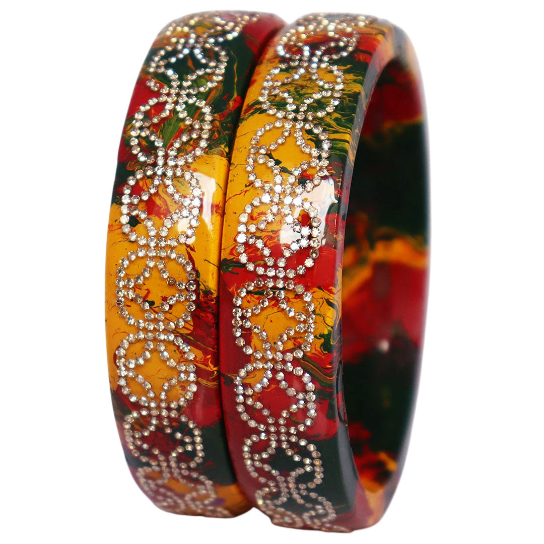 Premium Lac Bangles for Women | Multicolor Marble Finish Rhinestone Traditional Rajasthani Bangles By TAJ BRIDAL STORE