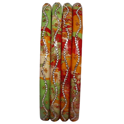 Designer Glossy Pure Lac Bangles for Women Handmade in Jaipur Rajasthan with Rhinestone Wave Pattern Set of 4