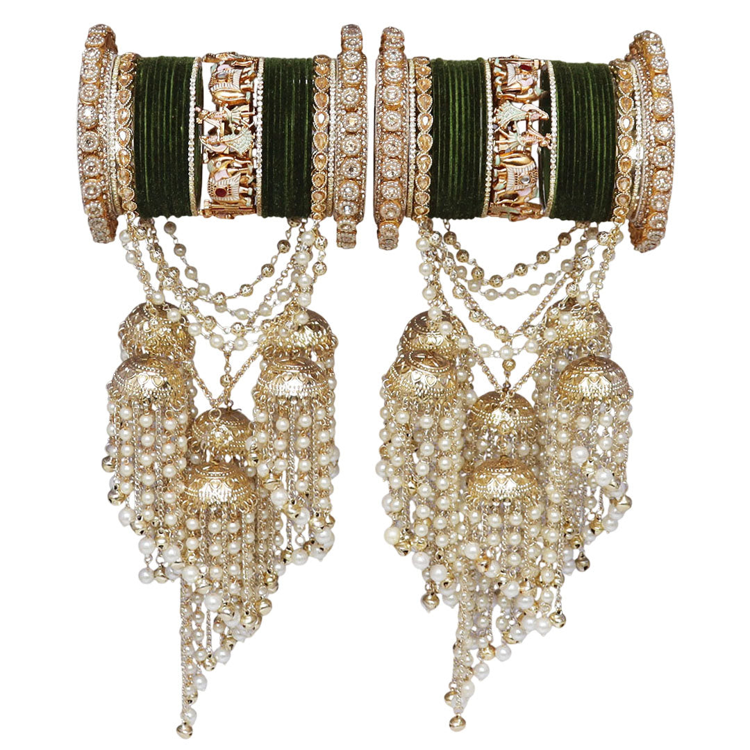 Rajasthani bridal bangles set with Dulha-Dulhan motifs and heavy Jhumka Pearl Latkan
