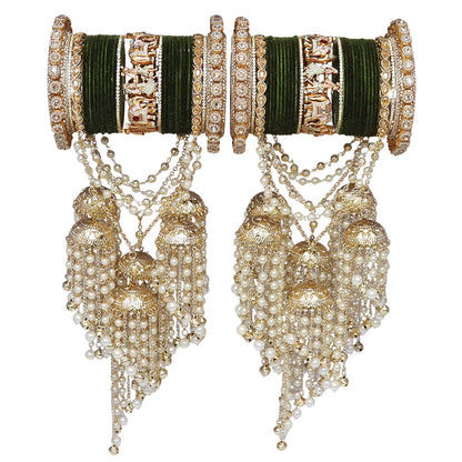 Rajasthani bridal bangles set with Dulha-Dulhan motifs and heavy Jhumka Pearl Latkan