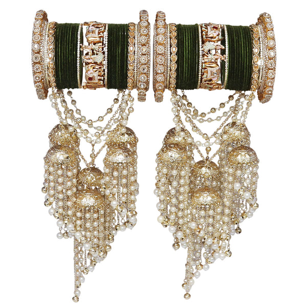 Luxury Rajasthani Bridal Bangles Set with Dulha-Dulhan Motifs & Jhumka Pearl Latkan by TAJ BRIDAL STORE