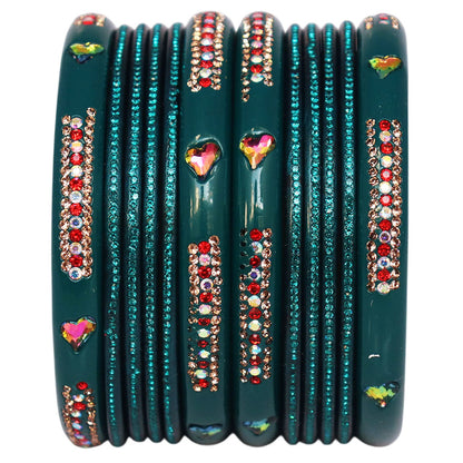 Jaipuri Lac Short Bangles with Heart Shape Kundan & Rhinestones