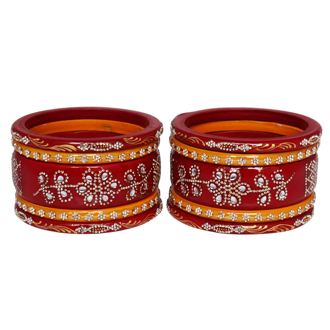 Handmade Maroon & Red Jaipuri Lac Bangles Set for Women with Floral Rhinestone Work and Handpainted Golden Leaf Design