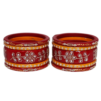Handmade Maroon & Red Jaipuri Lac Bangles Set for Women with Floral Rhinestone Work and Handpainted Golden Leaf Design