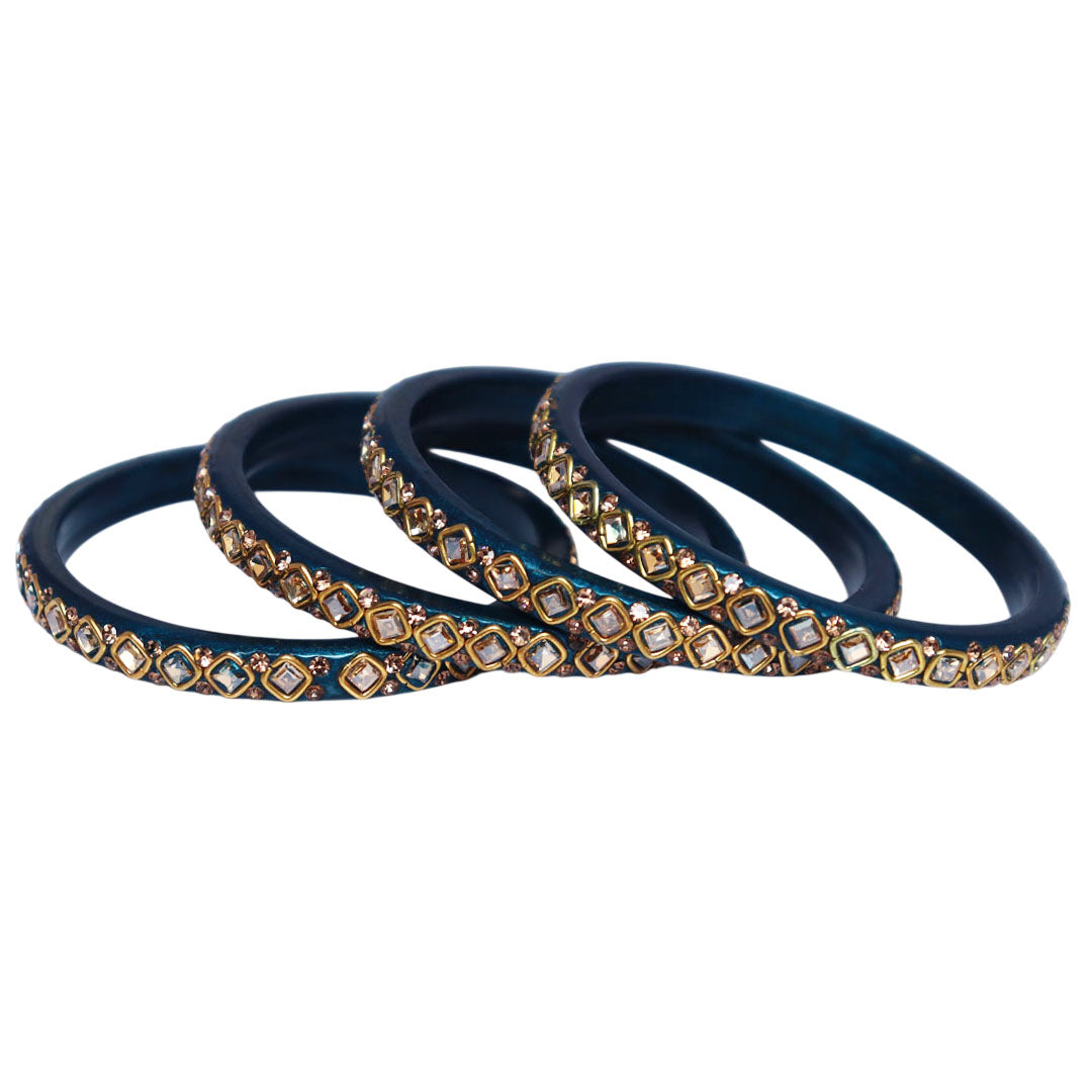 Premium lac bangles for women with square Kundan and rhinestone design, handmade traditional Rajasthani wedding and festive bangles set of 4 by TAJ BRIDAL STORE