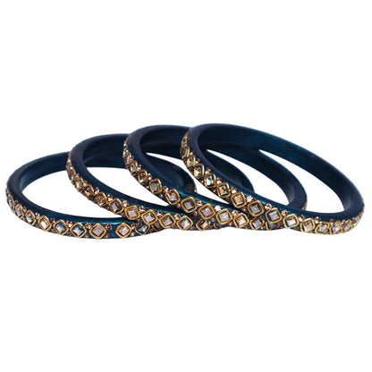 Premium lac bangles for women with square Kundan and rhinestone design, handmade traditional Rajasthani wedding and festive bangles set of 4 by TAJ BRIDAL STORE
