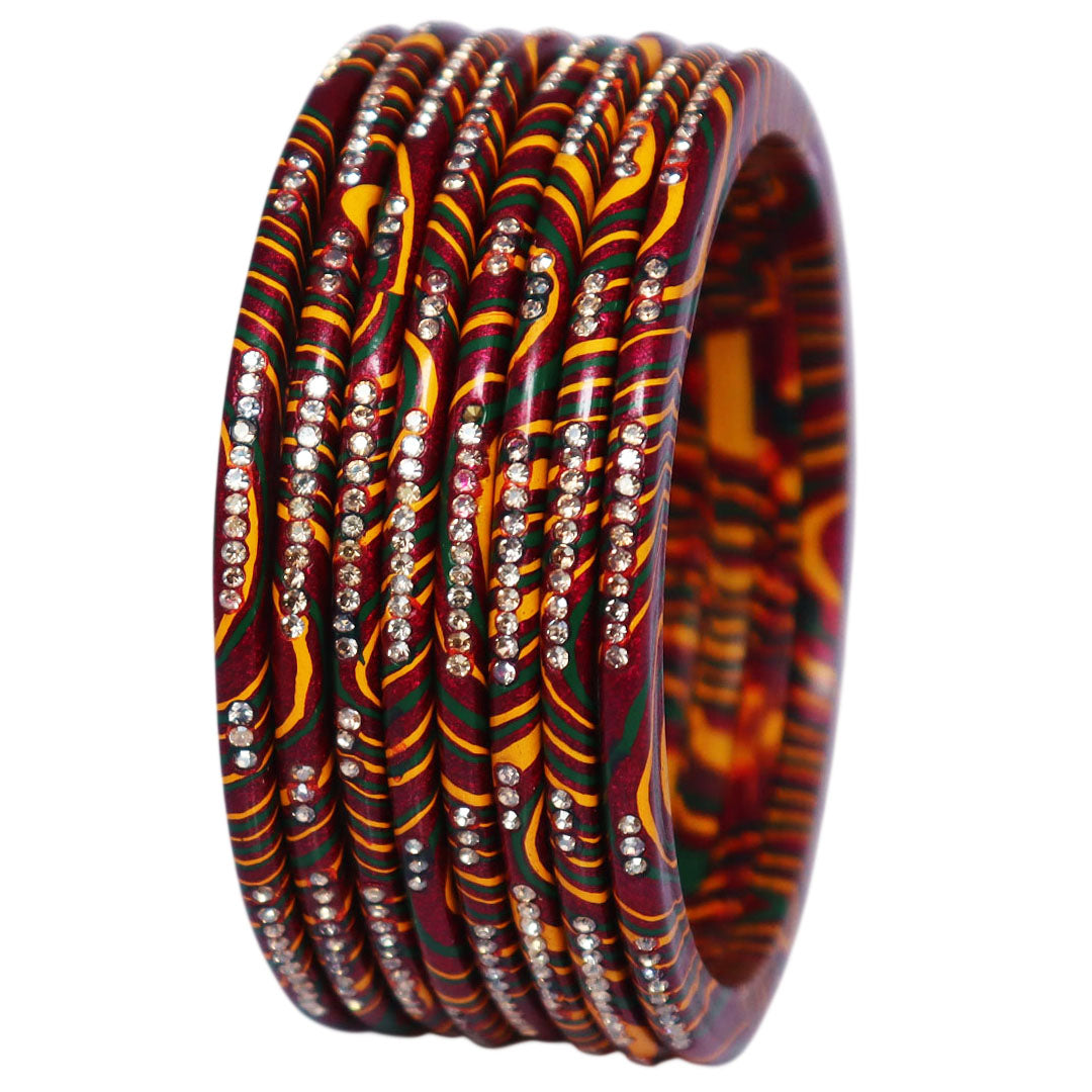 Traditional Rajasthani Jaipuri Pure Lac Bangles for Women with Leheriya Design and Rhinestones